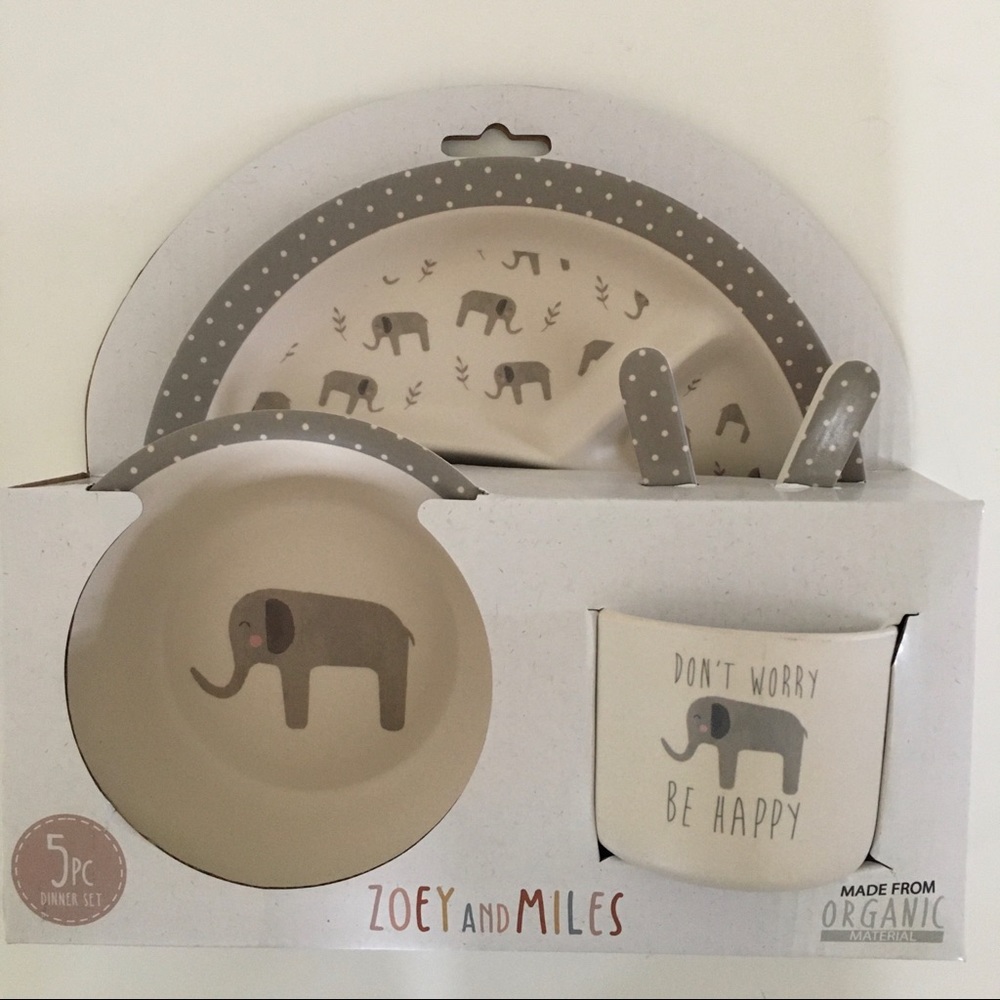 Kids 5pc Dinner Set Food Safe Dishwasher Safe Elephant Theme Gray NEW